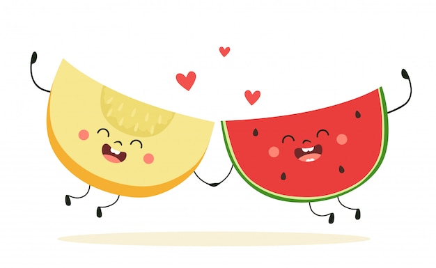 かわいいスイカとメロンを一緒に。心で幸せな果物。漫画フラットスタイルのイラスト。