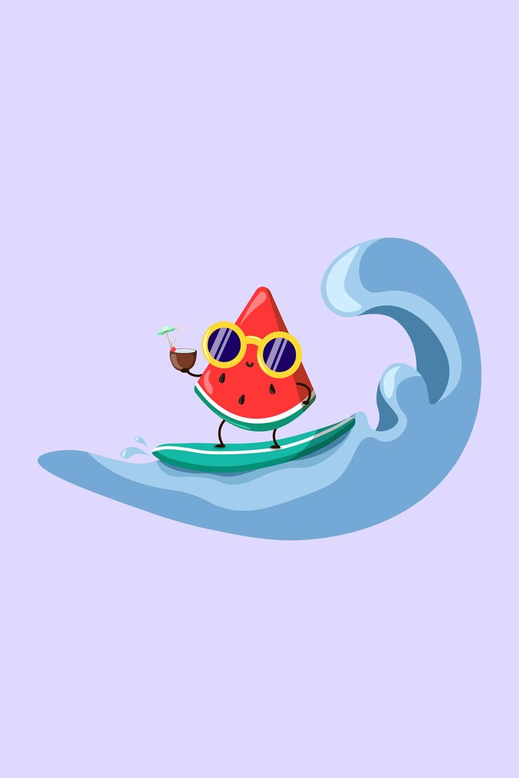 Cute Watermelon Surfing Flat Illustration