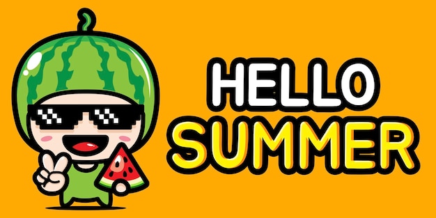 Cute watermelon with summer greeting banner