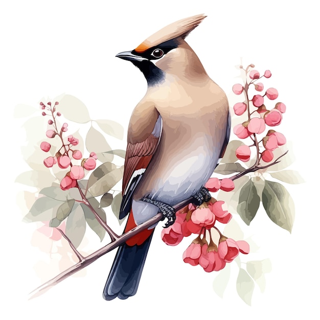 Vector cute waxwing bird cartoon in watercolor style