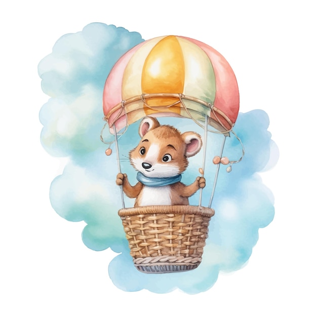 Vector cute weasel cartoon flying in a hot air balloon with watercolor painting style