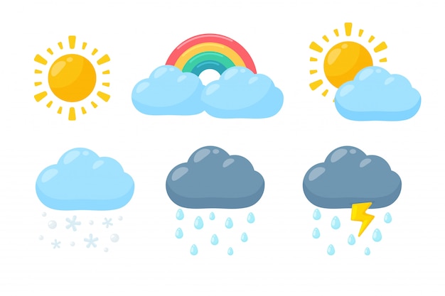 ベクトル かわいい天気アイコンを設定します。白い背景で隔離の天気予報アイコン。