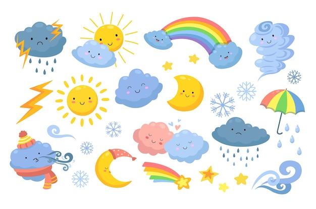 Cute weather. isolated rainbow, cartoon rain and hurricane. funny and angry clouds, happy sun and tornado. emotional nature  icons. meteorology weather icons, rainbow and snow illustration