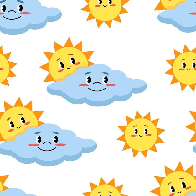 귀여운 구름과 태양이 있는 귀여운 날씨 패턴 유치한 패턴