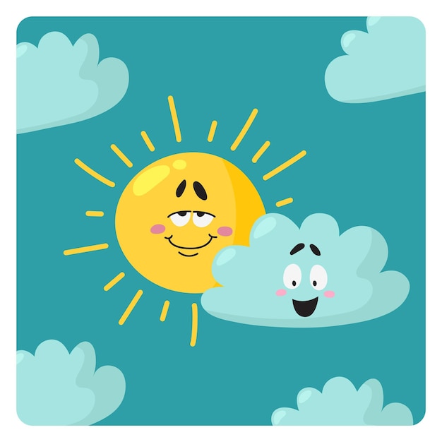 Cute weather square poster with sun and cloud character