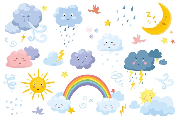 漫画のスタイルのかわいい天気のシンボルは、孤立した要素を設定します月を眠っている雨雲の束