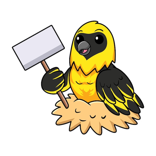 Cute weaver bird cartoon holding blank sign