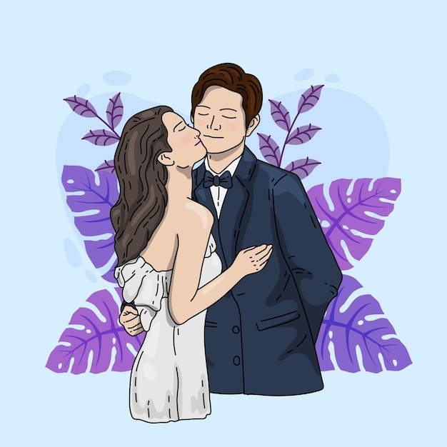 Vector cute wedding bride couple love valentine doodle illustration