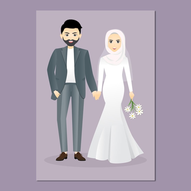 Vector cute wedding bride and groom couple wedding invitation card