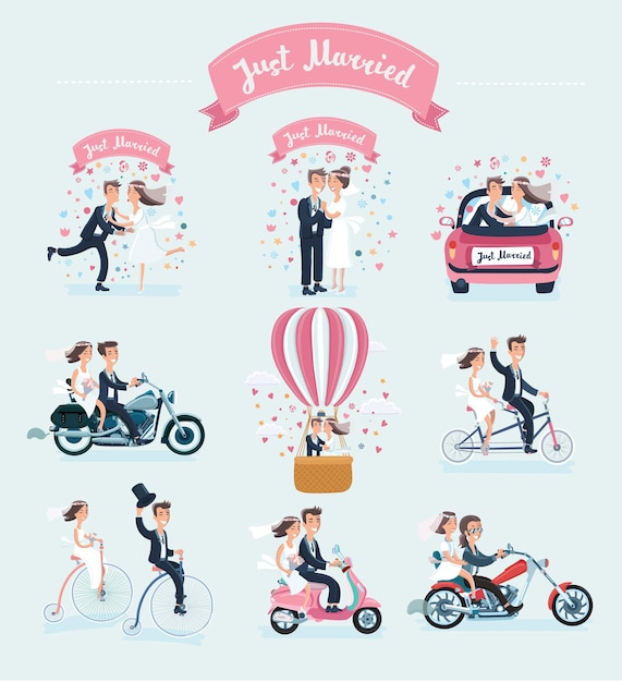 Vector cute wedding couple bride and groom isolated on white background