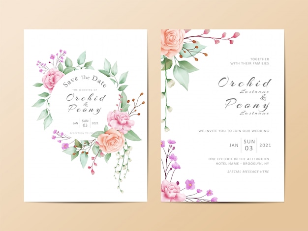 Vector cute wedding invitation card template set of watercolor floral