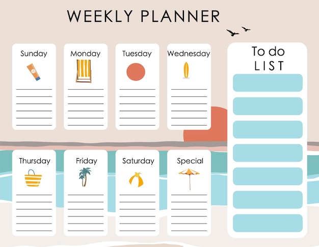 Симпатичный фон еженедельника с пляжами, солнцем и векторной иллюстрацией для ребенка и ребенкаРедактируемый элемент
