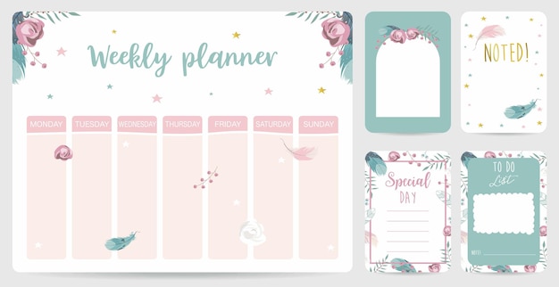 Vector cute weekly planner background with flowerfeathervector illustration for kid and baby