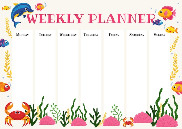 Cute weekly planner template ocean theme with playful dolphin colorful fish friendly crab seaweed