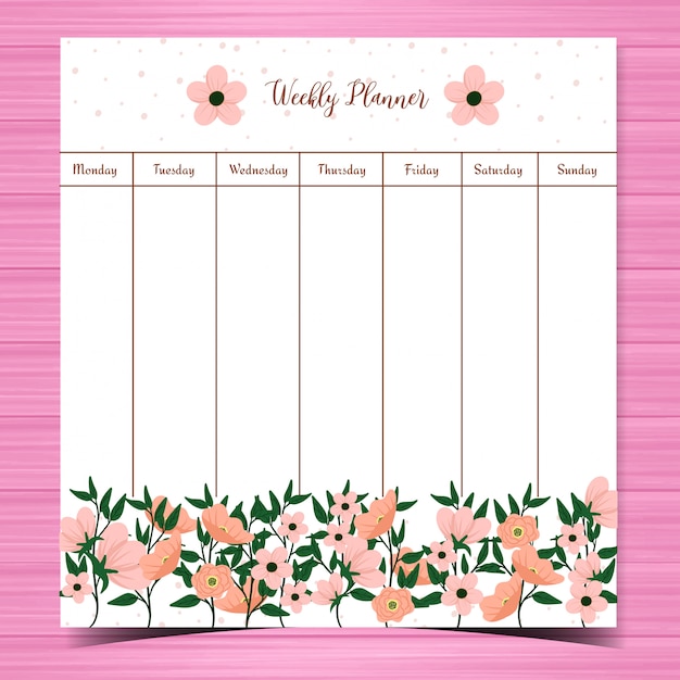 cute weekly planner with pink flowers