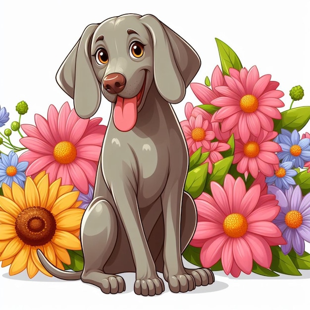 Cute Weimaraner Dog and Flowers Vector Cartoon illustration