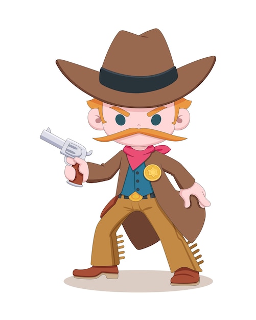 Vector cute western cowboy sheriff pulling a gun cartoon illustration