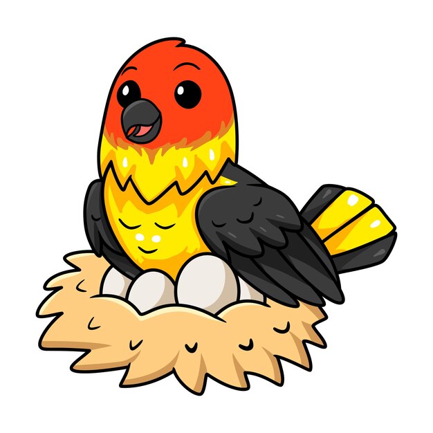 Vector cute western tanager bird cartoon with eggs in the nest