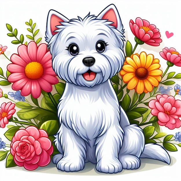Vector cute westie dog and flowers vector cartoon illustration