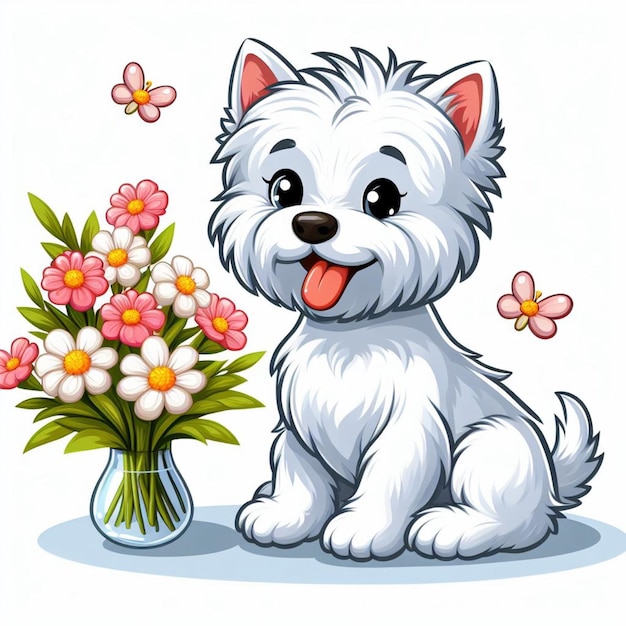 Vector cute westie dog and flowers vector cartoon illustration