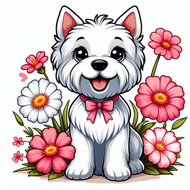 Cute Westie Dog and Flowers Vector Cartoon illustration