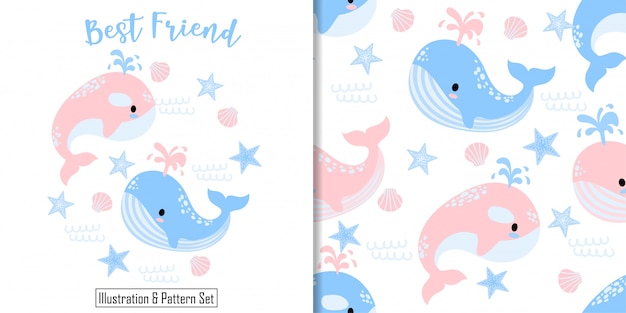 Cute whale card hand drawn seamless pattern set