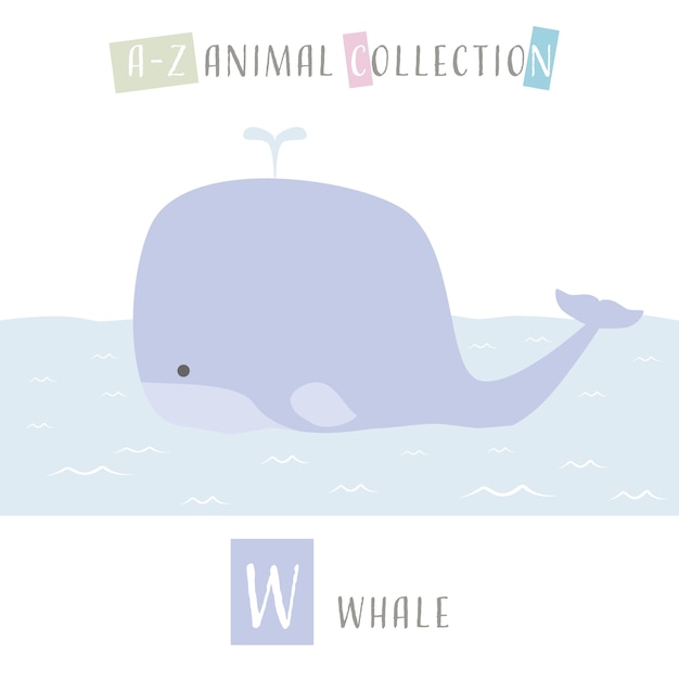 Cute whale cartoon doodle animal alphabet w