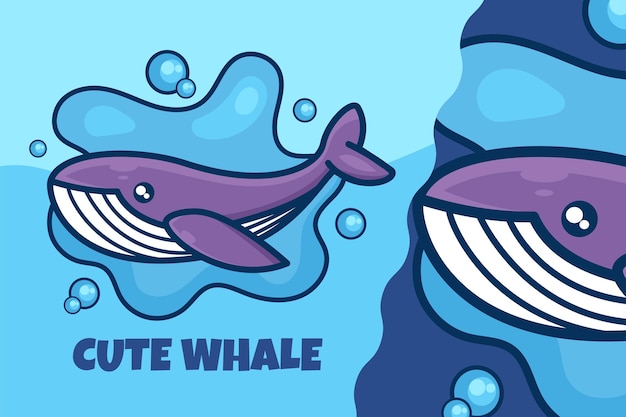 かわいいクジラの漫画のマスコットのキャラクターとロゴのイラスト
