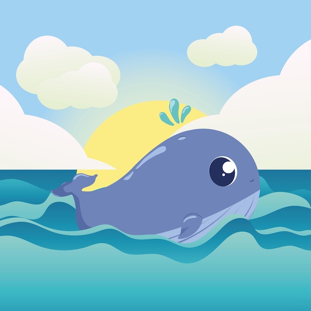 Cute whale character above the ocean Sealife Vector