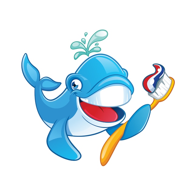 Vector cute whale holding toothbrush