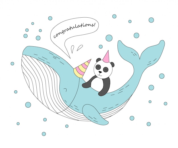 Vector cute whale and panda. congratulation.