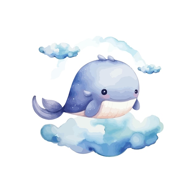 cute whale playing in the cloud watercolor illustration