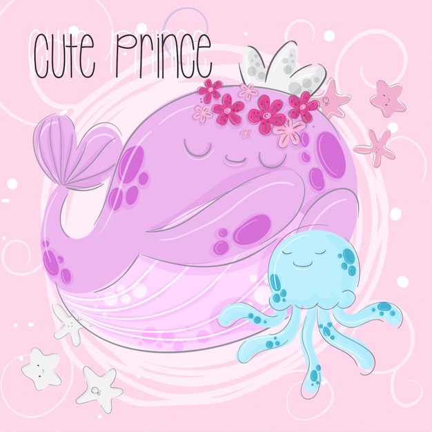 Cute whale princes  hand draw illustration