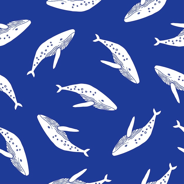 Cute whale seamless pattern on blue background White blue sea animal repeat pattern Humpback whale hand drawn illustration