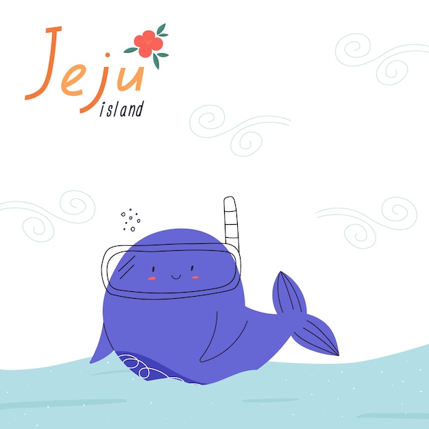 Cute whale swimming in the sea or ocean poster cartoon flat vector illustration