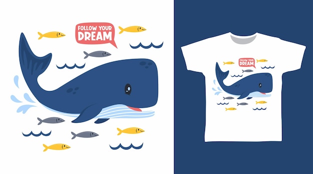 小さな魚の漫画のTシャツのデザインでかわいいクジラ