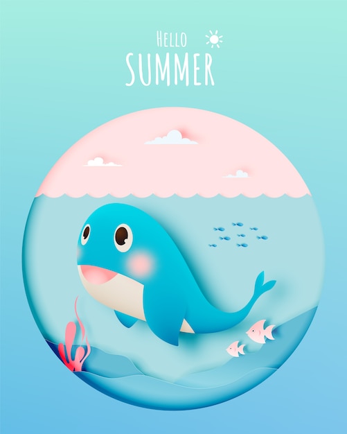 Cute whale with ocean and paper art style background