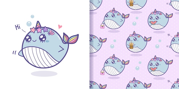 Cute whales unicorn seamless pattern cartoon.