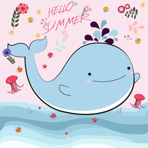 Vector cute whate and jellyfish cartoon for summer time card