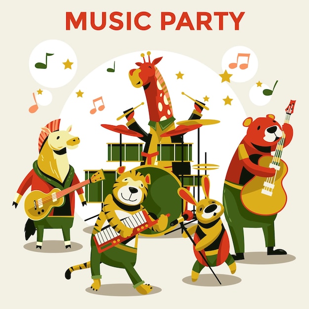 Vector cute whimsical music forest animal birthday party