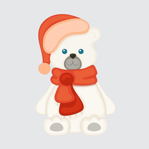 Cute white Arctic bear wearing Christmas Santa hat and scarf Isolated vector illustration