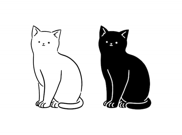 Vector cute white & black cat sitting, line art, hand-drawn style  illustration.