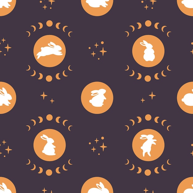 Cute white bunnies in different poses with astrological elements seamless pattern. Magician rabbit.