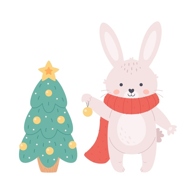 クリスマス ツリーを飾るかわいい白いウサギ。メリークリスマス、そしてハッピーニューイヤー