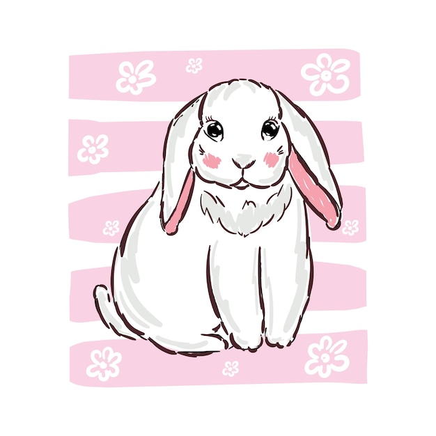 Cute white bunny and flowers vector illustration print design rabbit on pink children print on tshirt