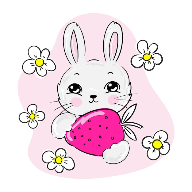 Cute white bunny girl con fragola può essere utilizzato per la stampa di tshirt i bambini indossano il biglietto d'invito per baby shower di design alla moda