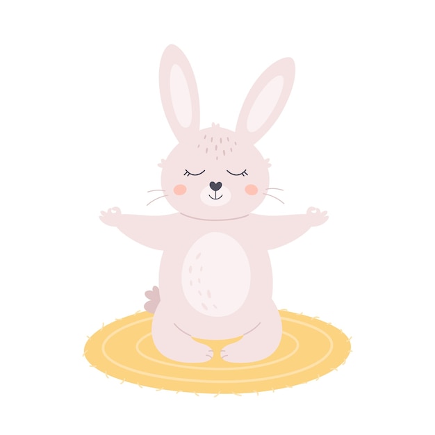 Cute white bunny meditating in lotus pose. animal yoga, relaxation, meditation. world yoga day.