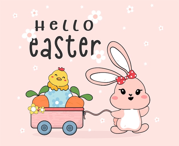 벡터 부활절 달걀 나무 카트 트롤리 hello easter 벡터가 있는 귀여운 흰색 토끼와 아기 닭