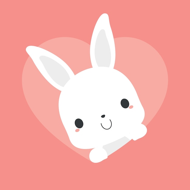 Cute white bunny rabbit appearing from pink heart shape background Flat vector illustration