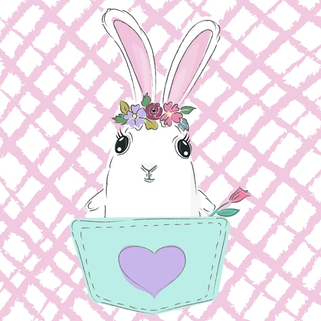 주머니에 앉아 있는 귀여운 흰 토끼 토끼 벡터 스케치 인쇄 디자인 어린이 티셔츠에 인쇄